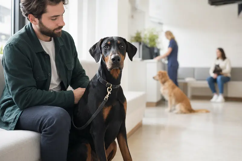 Ein Dobermann sitzt ruhig neben seinem Besitzer im hellen Wartezimmer einer modernen Tierarztpraxis.
